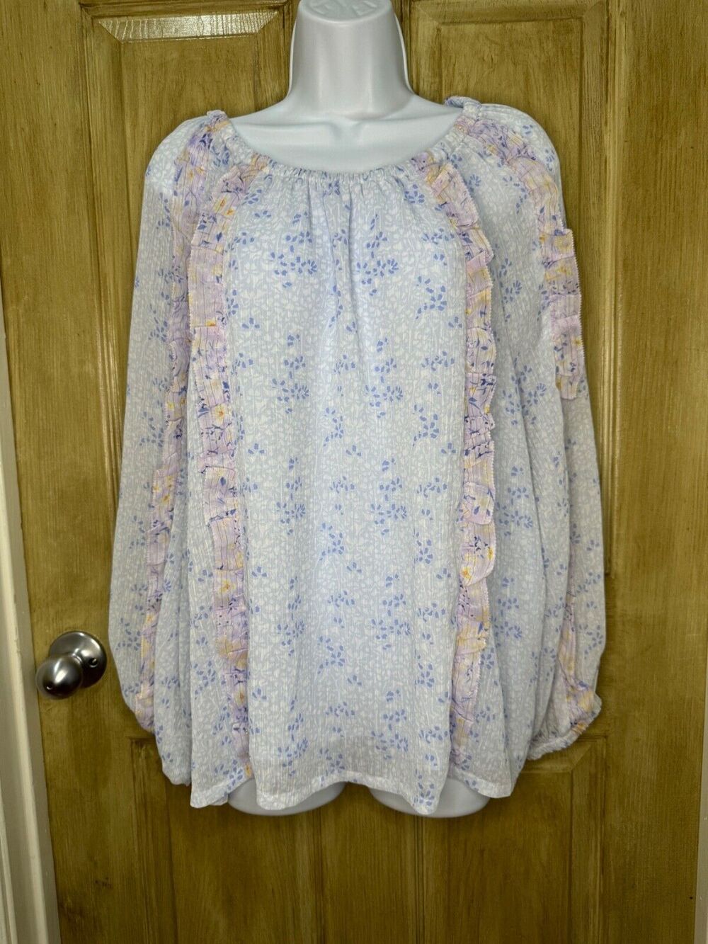 Ann Taylor Floral Peasant Blouse Top Purple Floral Long Sleeve Shear Lined XL